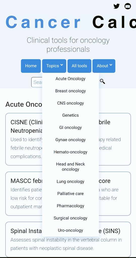 Oncologist!?  Then you must  visit this site. 

cancercalc.com/topics.html
CancerCalc has been developed by  oncology professionals as a resource to support healthcare professionals treating cancer patients.

@cancer_calc