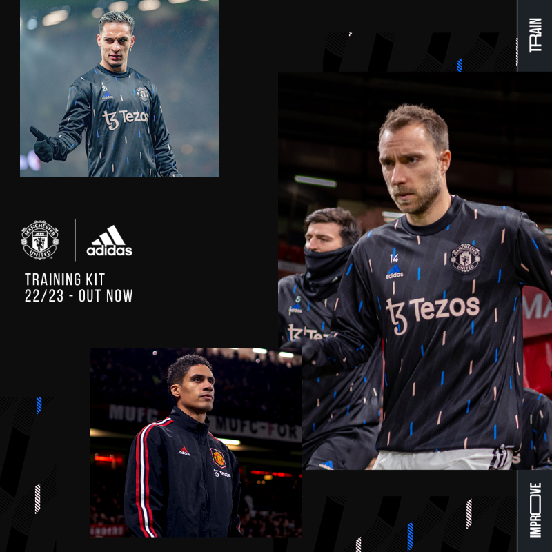 ManUtd's tweet photo. Train. Improve. Evolve.

🤝 When three key principles meet the three stripes: our new training range for 2023, by @adidasFootball.

Made with 100% recycled materials ♻️

#MUFC