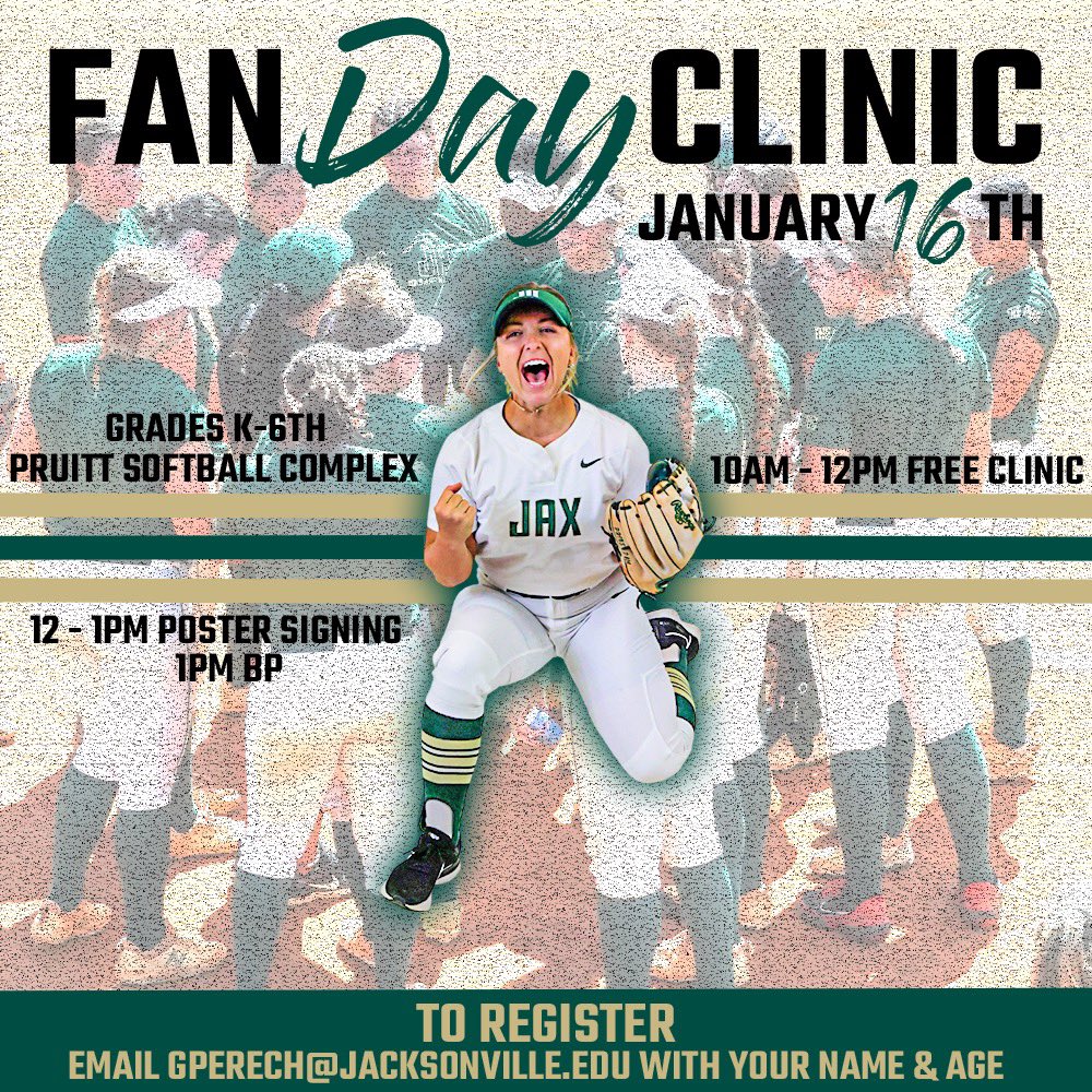 FREE Fan Day Clinic is set for Jan.16th 🗓️ Come have some fun with us!

📍: Grades K-6th are welcome!
⏰: 10-12 Clinic / 12-1 Poster Signing

Register: gperech@jacksonville.edu (name, age)

Can't wait to see you at Pruitt! 🥎