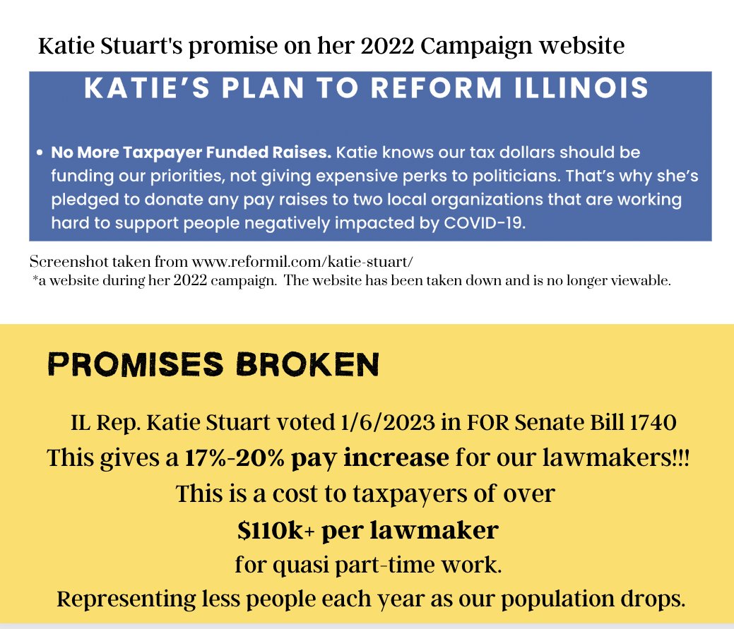 Korte4Illinois's tweet photo. This didn't age well. She couldn't even make it 2 months before she broke a campaign promise. @RepKatieStuart #twill #careerpolitician #liningpockets https://t.co/3XU2h4cbwB