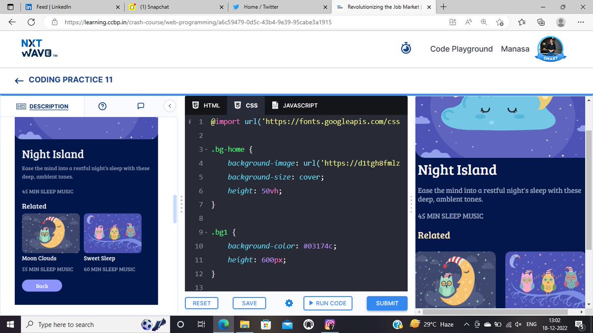 Manasa_luk's tweet photo. coding practice #11 music page
#music #night #sleep #nxtwave #ccbp #FullStack #fullstackdeveloper #FrontEnd #backend #HTML #CSS #Python #programming #coding #codinglife #transformation #VIBE #USDINR #future #css2023 #2022and2023 #lifeofdeveloper https://t.co/txguSVbipl