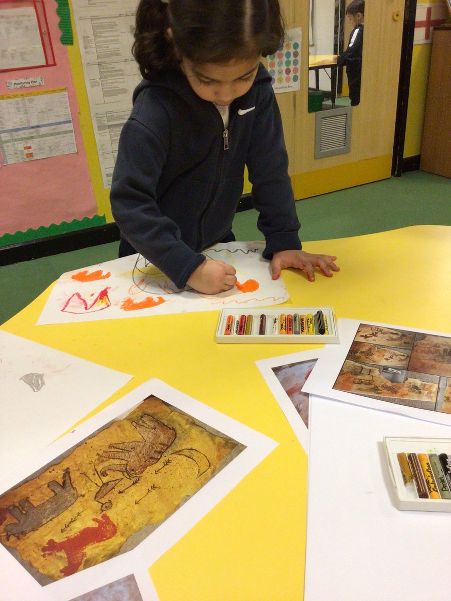 VALLEYEYFS's tweet photo. We are back to school! 🍎 ⭐️ 📚 🏫 
In Reception, we are reading the story ‘Cave Baby’. We have been creating cave drawings using oil pastels. #art #EYFS #cavebaby https://t.co/Tl0VVTOZtg