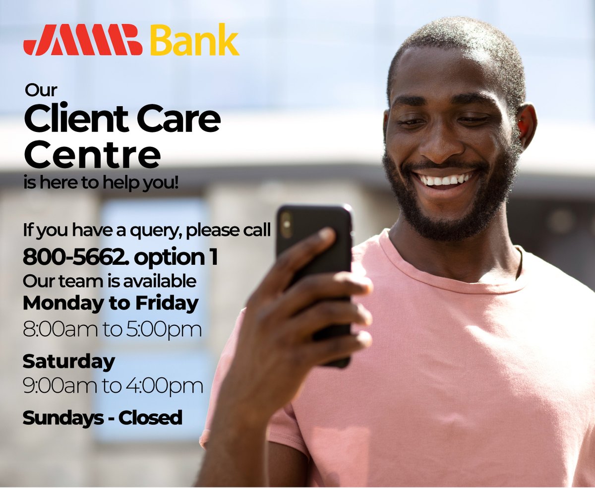 jmmbgrouptt's tweet image. Hey guys,

Check out our Client Care Centre Opening Hours.

How to connect with us:

☎️ 800-JMMB (5662)⁣⁣⁣⁣⁣⁣ - Press 1
📧 ttbank@jmmb.com
📩 Send us DM with your full name and query

#jmmbtt #jmmbgrouptt #bestinterestatheart❤️