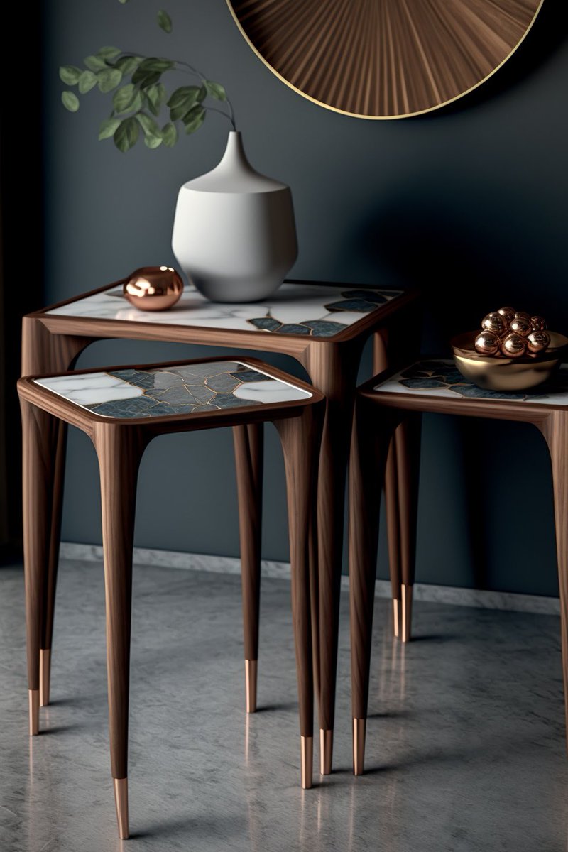 jasonvestri's tweet image. New design concepts, mid-century style nesting tables made with up cycled materials like granite and marble, and finished with premium North American Black Walnut. They bring a touch of sophistication to any space #midcenturymodern #nestingtables #granite #marble #blackwalnut