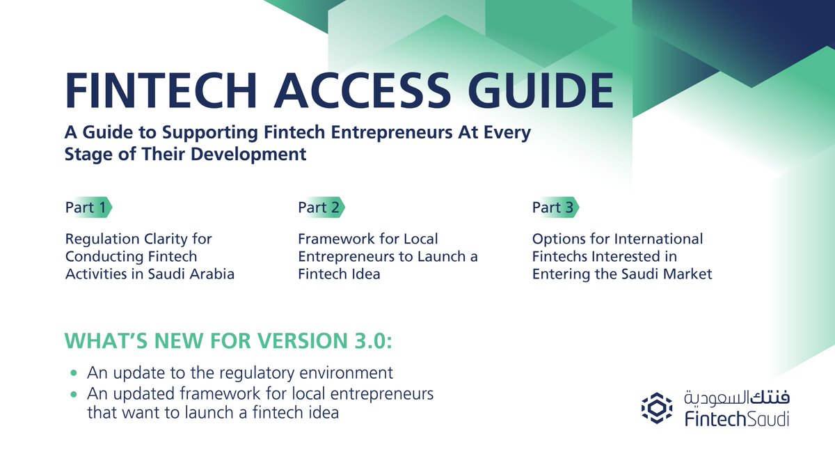 FintechSaudi's tweet photo. We are pleased to release Version 3.0 of the #FintechAccessGuide. The guide provides regulation clarity, a framework for #Fintech entrepreneurs and options for international fintechs to enter #SaudiArabia
Click the link below to access the guide
https://t.co/7IpZ3XgxSn https://t.co/i4qImNzCN2