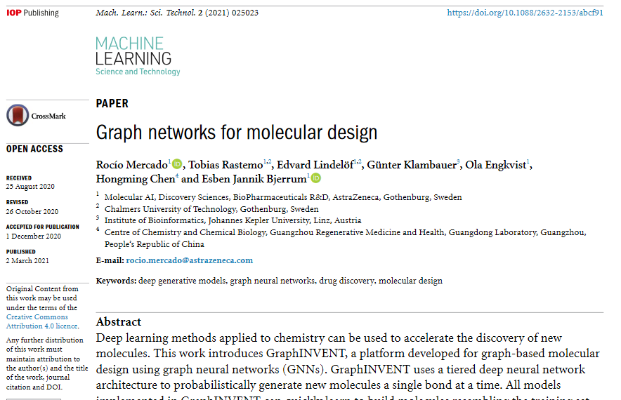 MLSTjournal's tweet image. NOW &amp;gt;16K DOWNLOADS!🥳&apos;Graph #networks for #moleculardesign&apos; by @rociomer3 @ChemITnerf et al @AstraZeneca @jkulinz @chalmersuniv bit.ly/3v6Esp6 #machinelearning #compchem #drugdiscovery #neuralnetworks #AI #Bioinformatics #graphs #Python #genomics #cheminformatics #HPC