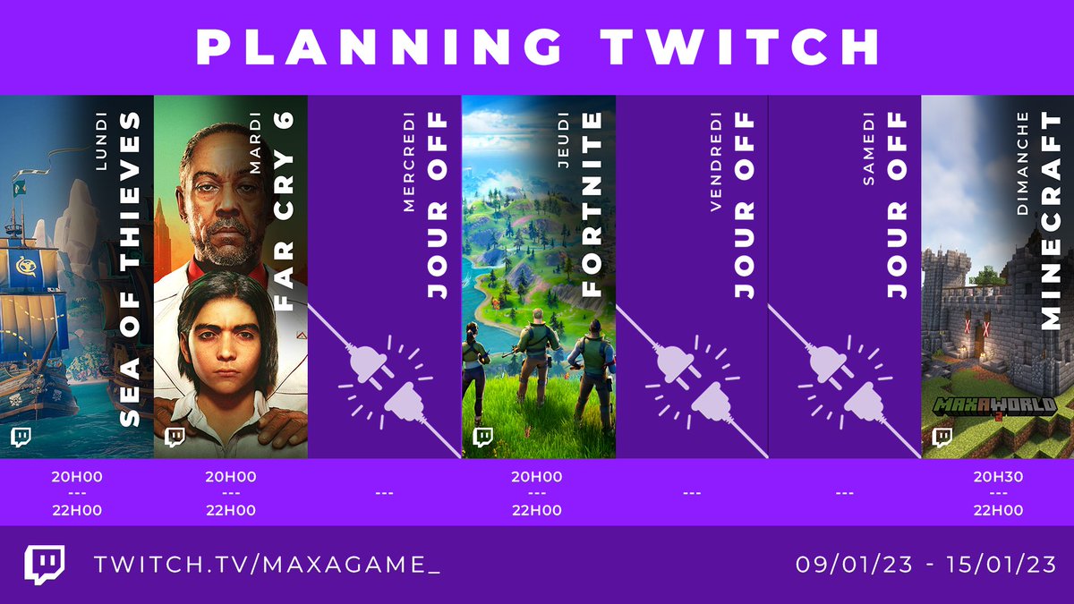 MaxAGame_'s tweet photo. C'est l'heure du planning de la semaine !
Voici donc les différents streams prévus pour cette semaine.
Rendez-vous comme toujours sur https://t.co/w5ki7Z88Qa ! https://t.co/dNBUj16aho