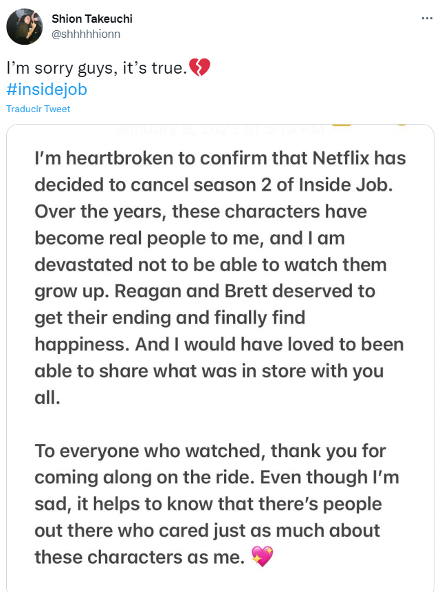 ES_levelOne's tweet photo. 📺💻 #FastNews
NO HABRÁ SEGUNDA TEMPORADA 😔👎
A pesar de haberse anunciado el año pasado, @netflix inesperadamente cambió de decisión y cancela la serie #InsideJob
La noticia se dió a conocer tras un triste comunicado por parte de su creador #ShionTakeuchi https://t.co/ZOI0jp269g