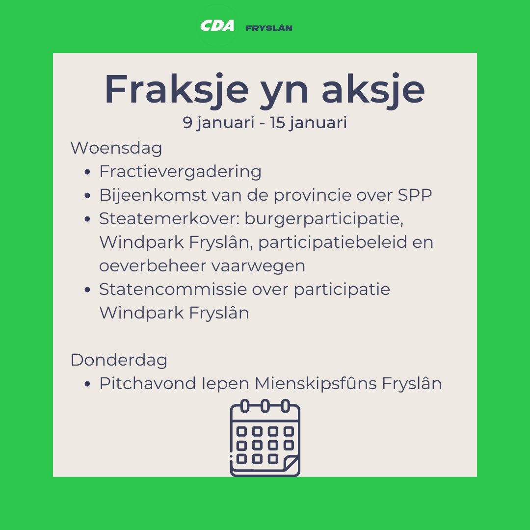 🍏 Het reces is voorbij en de fractie komt weer in actie. Een drukke woensdag met een fractievergadering, bijeenkomst over SPP en de steatemerk.

🖥️ In de avond is een commissie over participatie bij Windpark Fryslân. Deze vergadering is live te volgen: bit.ly/3VQbYME.