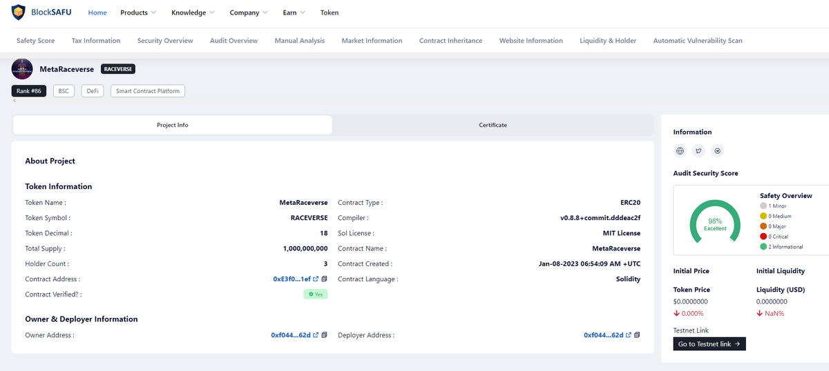 MetaRacevers's tweet photo. MetaRaceverse passed smart contract audit with 98 point !🚀

MetaRaceverse audited by BlockSAFU and badge added to pinksale 🔥

Audit Link: https://t.co/yTyM8HNdRd https://t.co/5Dy2ndvX6z