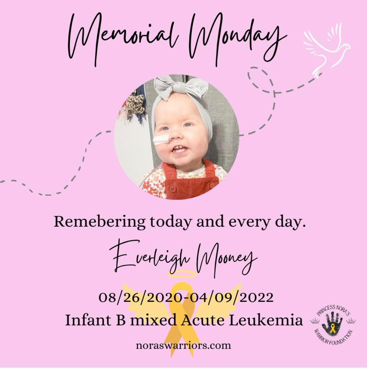 In memory of Everleigh Mooney 👼🎗️

8/26/20 - 4/9/22

Everleigh was diagnosed at 6 months old with infant B mixed Phenotype Acute Leukemia..

Check out our FB page for full post
#morethan8 #pnwf #curechildhoodcancer #leukemiawarrior #memorialmonday