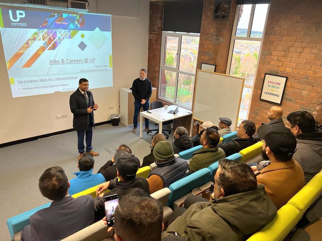 Aminbchy's tweet photo. Ultimate Products employs hundreds of people from Oldham who are keen to engage with the community. This afternoon, UP shared current job opportunities and their plans to support community activities and projects. Thanks, Cllr Mohon and others, for facilitating this initiative. https://t.co/nQ8aDmbkip