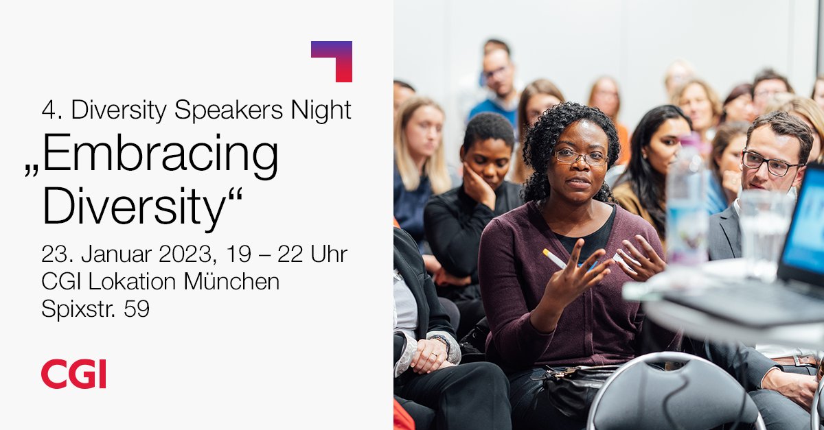 CGI_DE's tweet photo. Wir laden Sie herzlich zur 4. Diversity Speakers Night in München ein. In zwei Fireside Chats diskutieren Experten darüber, wie wir Vielfalt fördern und von unbewusster Voreingenommenheit zu bewusster Einbeziehung übergehen können. https://t.co/LuHj0uC6zz https://t.co/i8muPiCh25