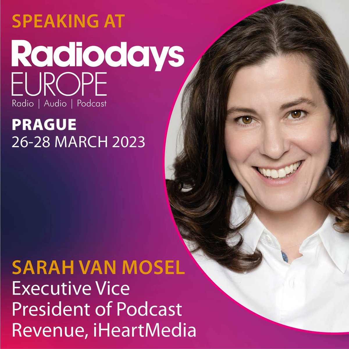SPEAKER ANNOUNCEMENT
<a href="/sarahvm/">Sarah van Mosel</a>  - Executive Vice President of Podcast Revenue - <a href="/iHeartMedia/">iHeartMedia</a> 
Don't forget to grab your early bird tickets by FRIDAY!!! #radiodayseurope