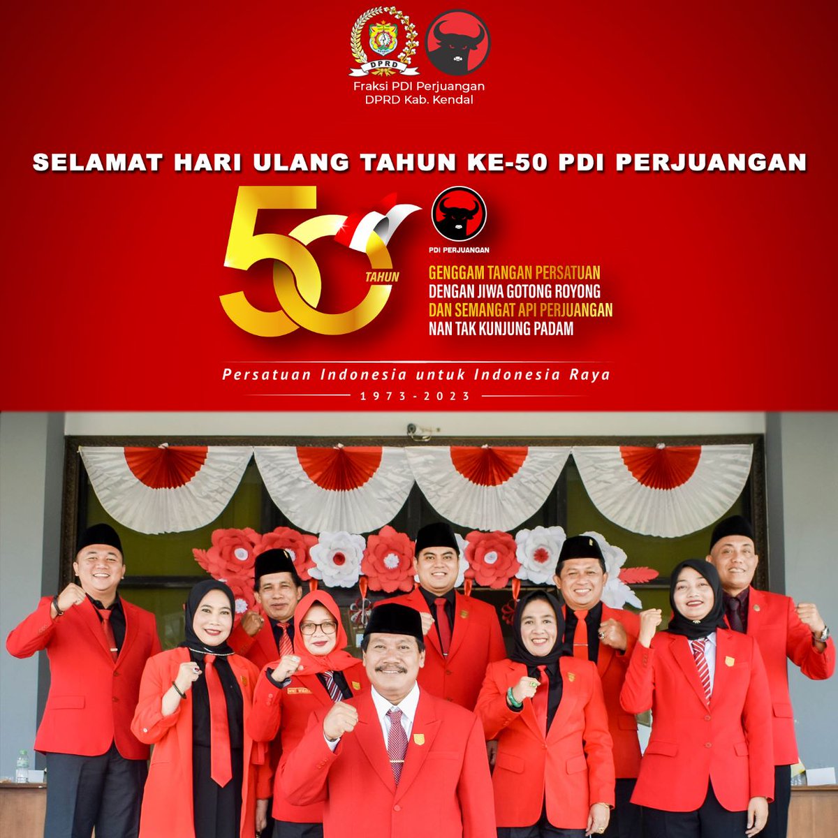 Selamat HUT ke 50 <a href="/PDI_Perjuangan/">PDI Perjuangan</a>

Genggam tangan persatuan 
Dengan jiwa gotong royong
Dan semangat api perjuangan
Nan tak kunjung padam 

Merdeka!!!