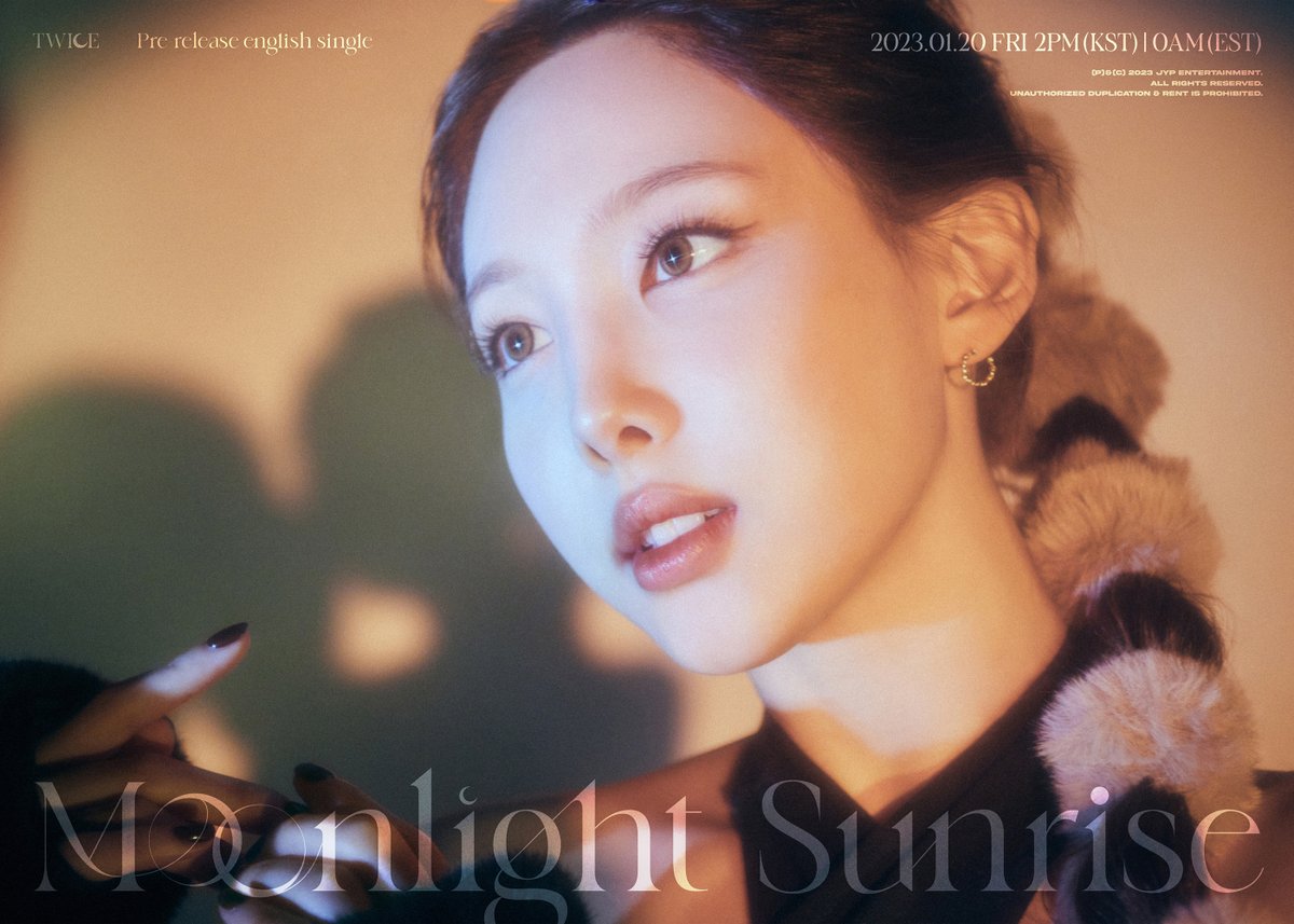 TWICE Pre-Release English Single
"MOONLIGHT SUNRISE"
 
Concept Photo
NAYEON
 
Worldwide Release on
2023.01.20 FRI 2PM KST/0AM EST
 
📌"MOONLIGHT SUNRISE" Digital Pre-Save &amp; Pre-Order
TWICE.lnk.to/MoonlightSunri…
 
#TWICE #트와이스
#MOONLIGHTSUNRISE