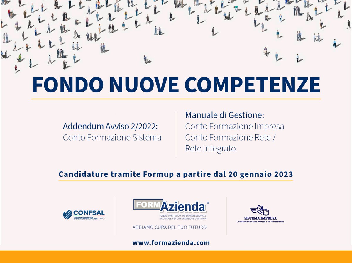 <a href="/form_azienda/">Formazienda</a> aderisce alla 2° edizione del #FondoNuoveCompetenze con tutti i canali di finanziamento. I documenti di riferimento:#AddendumAvviso2/2022 e #ManualediGestione. #Candidatura su #Formup dal #20gennaio2023. Tutte le info:formazienda.com
