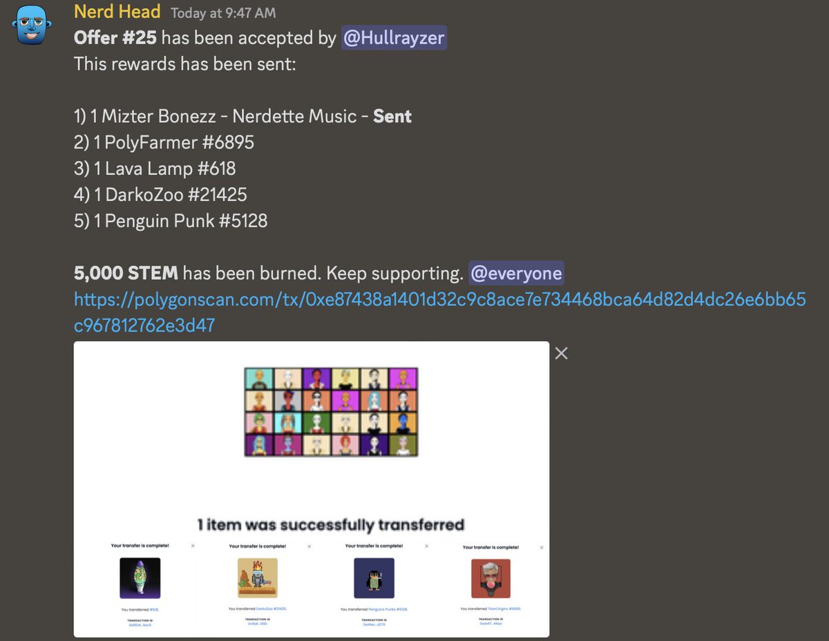 nerdheadclub's tweet photo. Offer #25 has been accepted
"#NerdHead #517" has been bought for 4,999 STEM token and these rewards has been sent as promised.
Offers can be seen in discord.
#STEMToken #NFTCommunity #NFTs #NFTdrops https://t.co/FamlIGa5Px