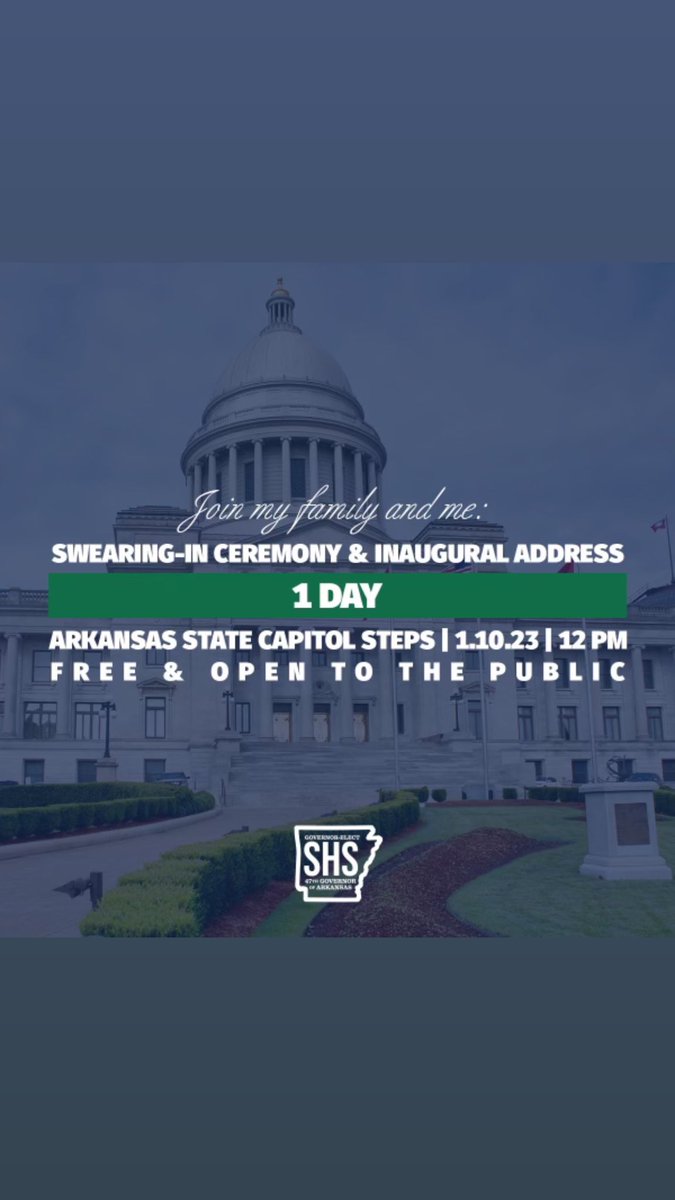 SarahHuckabee's tweet photo. I invite all Arkansans to join me at the Capitol steps tomorrow at 12 p.m. as I am sworn in as the 47th Governor of Arkansas — and we celebrate a new generation of leadership. https://t.co/Pfch2Rqwir