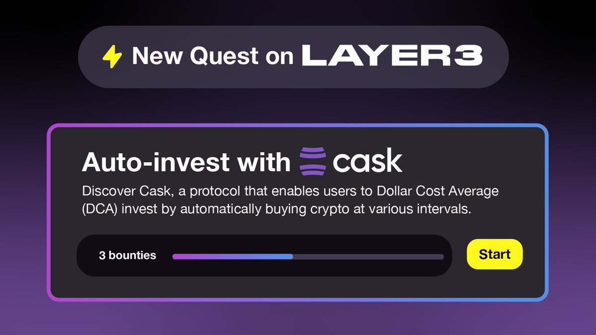 We’re starting the new year off with a quest on @layer3xyz!

Dollar Cost Averaging (#DCA) into WETH or BTC on #arbitrum to earn a DCA Explorer NFT. 

Connect your wallet to begin 👇

l3.xyz/CaskProtocol