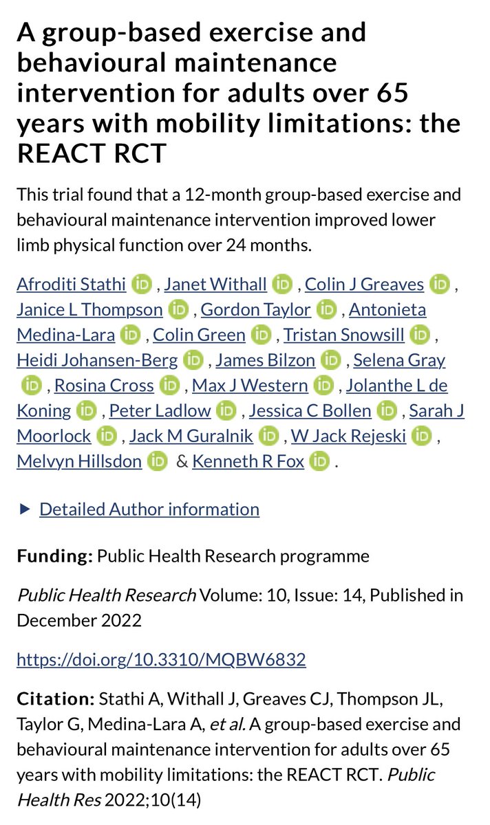 Read <a href="/TheREACTstudy/">The REACT study</a> full report here:tinyurl.com/ms9ten84
✔️ Effective 12-month group exercise supports adults 65+ to ⬆️ and maintain mobility 12 months AFTER programme completion
✔️Significant economic gains from ⬇️ health &amp; social care use
✔️Bristol 1st to roll it out!