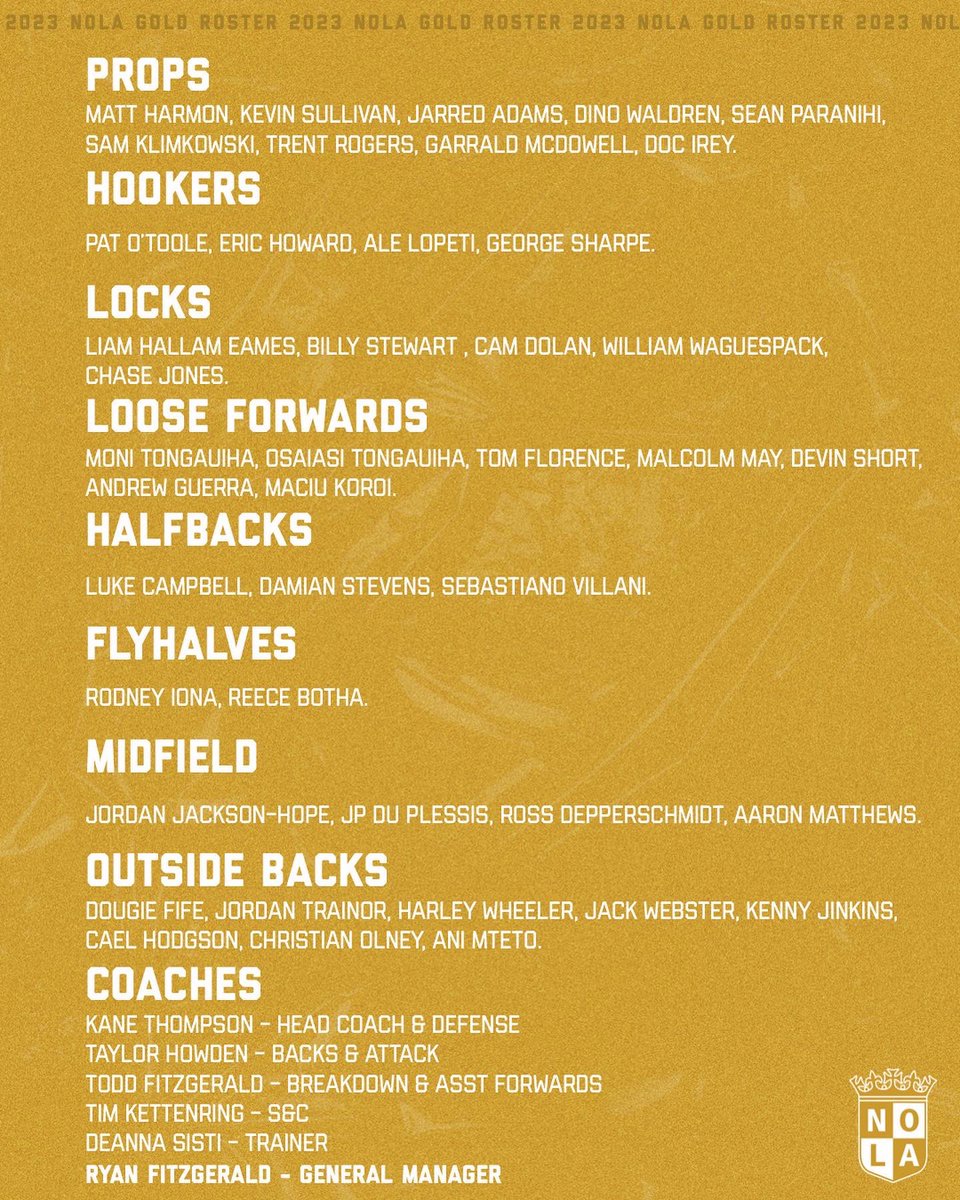 The Official 2023 NOLA Gold Rugby Roster.
-
Today kicks off the 2023 MLR preseason. Follow along for more GOLDEN content leading up to our home opener!
-
👑 #NOLAGritNOLAGold