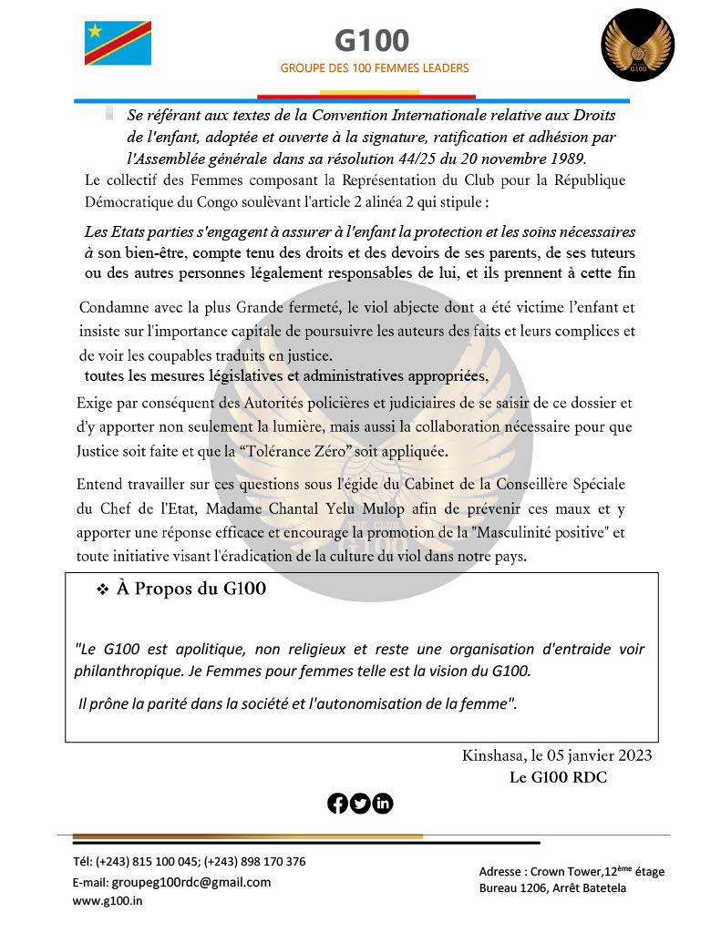 lchouna's tweet photo. Le G100#🇨🇩 condamne fermement les faits de violences sexuelles commis sur une fillette aveugle de trois mois. L'indifférence est le plus grand des mépris !

@Presidence_RDC @SpecialeYelu 
@harbeenarora @G100wefleaders 
#G100 #GlobalWomenLeaders
#DeclarationCommune https://t.co/sWMoTJMNaB