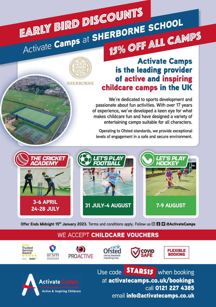 Sherborne School is excited to be hosting Activate Camps again in 2023! There are only a few days left to use the code STARS15 when booking at activatecamps.co.uk/venues/sherbor… to get 15% off all camps!
#Sherborne #holidaycamps