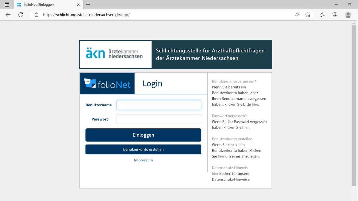 Neues Jahr, neue Prozesse: Seit dem 1. Januar 2023 können Sie Anträge für ein Schlichtungsverfahren
bei der Schlichtungsstelle der Ärztekammer Niedersachsen digital einreichen. Dazu nutzen Sie die neue digitale Plattform der ÄKN-Schlichtungsstelle: schlichtungsstelle-niedersachsen.de/app/
