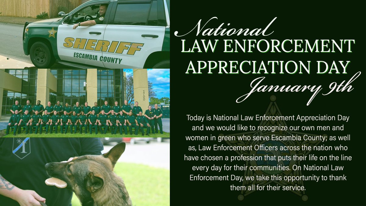 Today, we recognize our own men and women in green who serve Escambia County, as well as, Law Enforcement Officers across the nation who have chosen a profession that puts their lives on the line every day for their communities.💙💚💙
#NationalLawEnforcementAppreciationDay