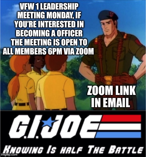 TONIGHT Monday on Zoom at 6pm the VFW Officers Meeting will be open to All Perspective VFW Post 1 Members. if you didn't get the email get resubscribed here - mailchi.mp/vfwpost1/membe…