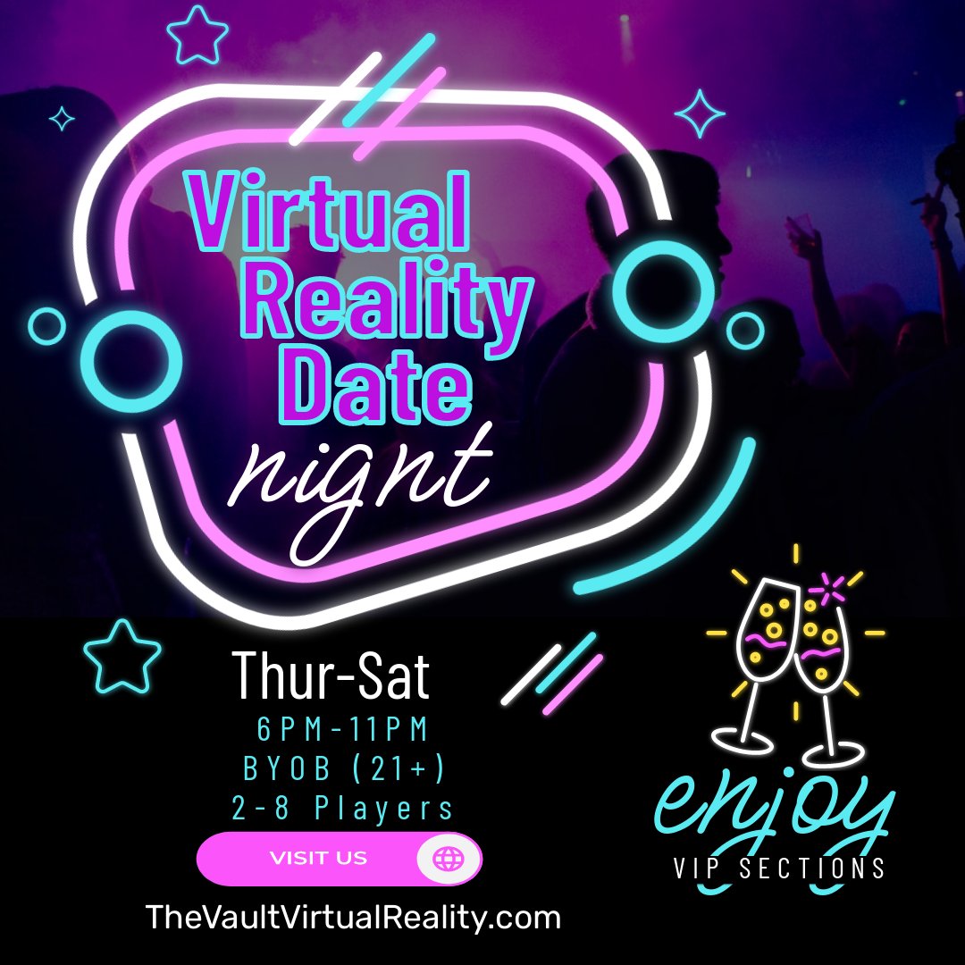 The Vault Virtual Reality Center
'A date night out of this world'!
Thur-Sat / 6:00PM-11:00PM
VIP Sections Available W/BYOB
Also (Bring Your Own Food)
115 Main St Seymour, CT 06483
#thevault #virtualreality #datenight #outofthisworld #seymourct #vr