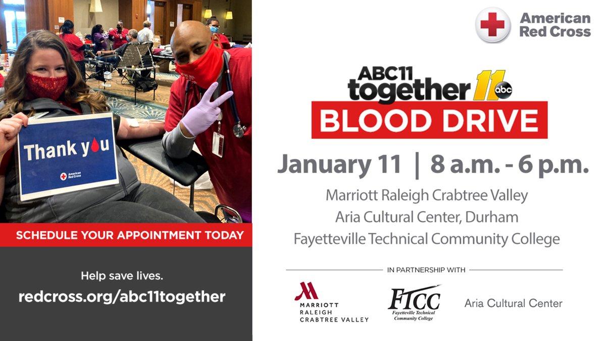 Help make a difference in someone's life. Schedule your appointment for January 11 from 8 am - 6 pm for the ABC11 Together Blood Drive!

Donors will receive a $20 Amazon Gift Card and a long-sleeve t-shirt. #RedCross #abc11together
 abc11.com/abc11-together…