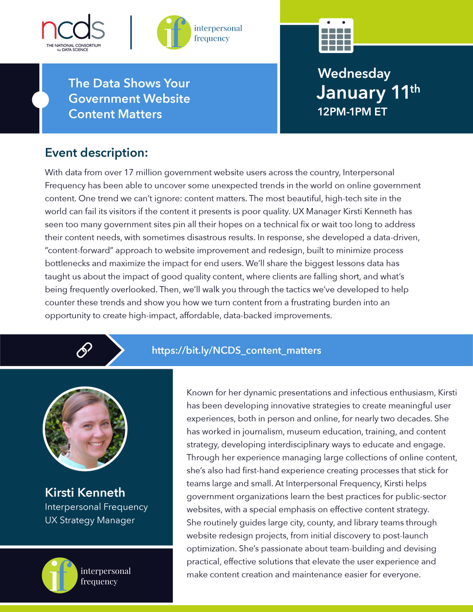 The National Consortium for Data Science (@thencds) on Twitter photo Do you work at the intersection of #datascience + #publicservice? Join #TheNCDS + <a href="/IFSight/">Interpersonal Frequency</a> for "The Data Shows Your Government Website Content Matters" for a look at how #civicanalytics can drive #webdesign + #contentcreation forward. #bigdata
bit.ly/NCDS_content_m⦠Do you work at the intersection of #datascience + #publicservice? Join #TheNCDS + <a href="/IFSight/">Interpersonal Frequency</a> for "The Data Shows Your Government Website Content Matters" for a look at how #civicanalytics can drive #webdesign + #contentcreation forward. #bigdata
bit.ly/NCDS_content_mā¦