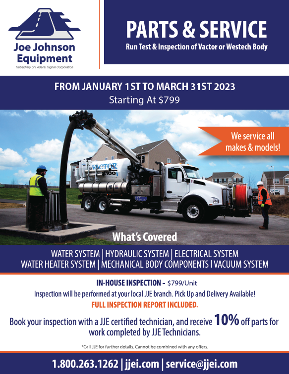 Joe Johnson Equip (@joejohnsonequip) on Twitter photo Don’t let these savings go down the drain! Vactor inspections and 10% off parts for work done from now until March 31st!
Or download the full flyer here: jjei.com/wp-content/upl…
1.866.648.7257 | parts@jjei.com
#JJE #PartsPromotion #Parts #EquipmentParts #Vactor #SewerCleaner Don’t let these savings go down the drain! Vactor inspections and 10% off parts for work done from now until March 31st!
Or download the full flyer here: jjei.com/wp-content/upl…
1.866.648.7257 | parts@jjei.com
#JJE #PartsPromotion #Parts #EquipmentParts #Vactor #SewerCleaner