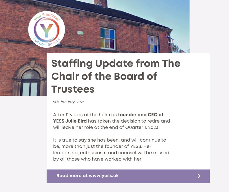 Staffing Update from The Chair of the Board of Trustees. 

Click the link below if you would like to read more: 👇

yess.uk/news-feed/