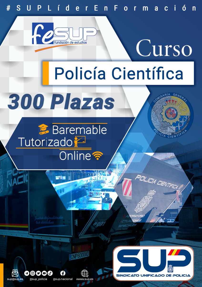 🚨Curso de #PolicíaCientífica 🧐
#Gratis para 👮‍♀️👮#Afiliad@s al #SUP.
💻Online.
👥300 plazas.
📜Baremable.
✍️Inscripciones: del 09 al 13-01-23
📆Curso: del 16-01 al 16-02
supformacion.es/curso-policia-…