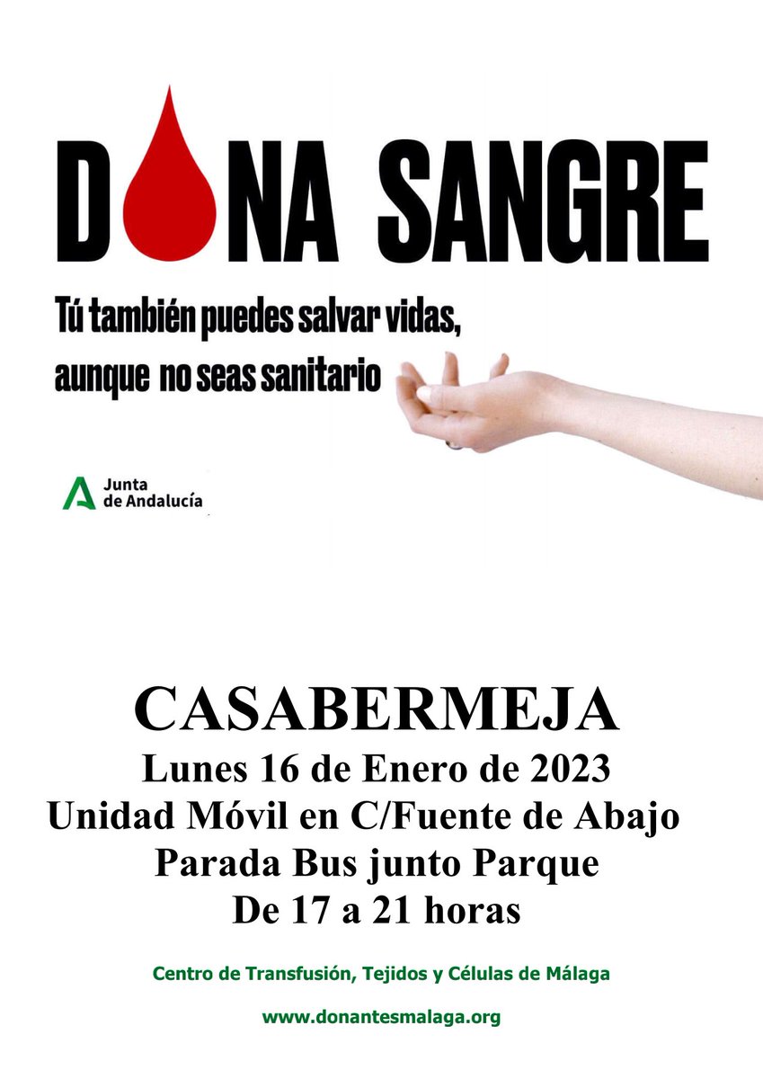 #DonaSangre #Casabermeja

🩸El Centro de Transfusión, Tejidos y Células de #Málaga pide la colaboración de los ciudadanos para que acudan a donar sangre
🚑La Unidad móvil en C. Fuente de Abajo (Parada Bus)
🗓️Lunes 16 de enero 
⏰17 a 21h