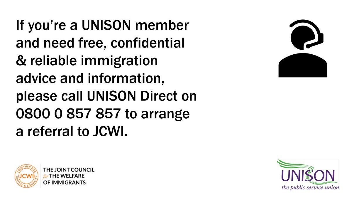☎️ Did you know that if you've been a member of 
<a href="/UNISONTheUnion/">UNISON - UK's largest union</a> for more than 4 weeks, you can access free and secure immigration advice from JCWI?

jcwi.org.uk/our-helplines