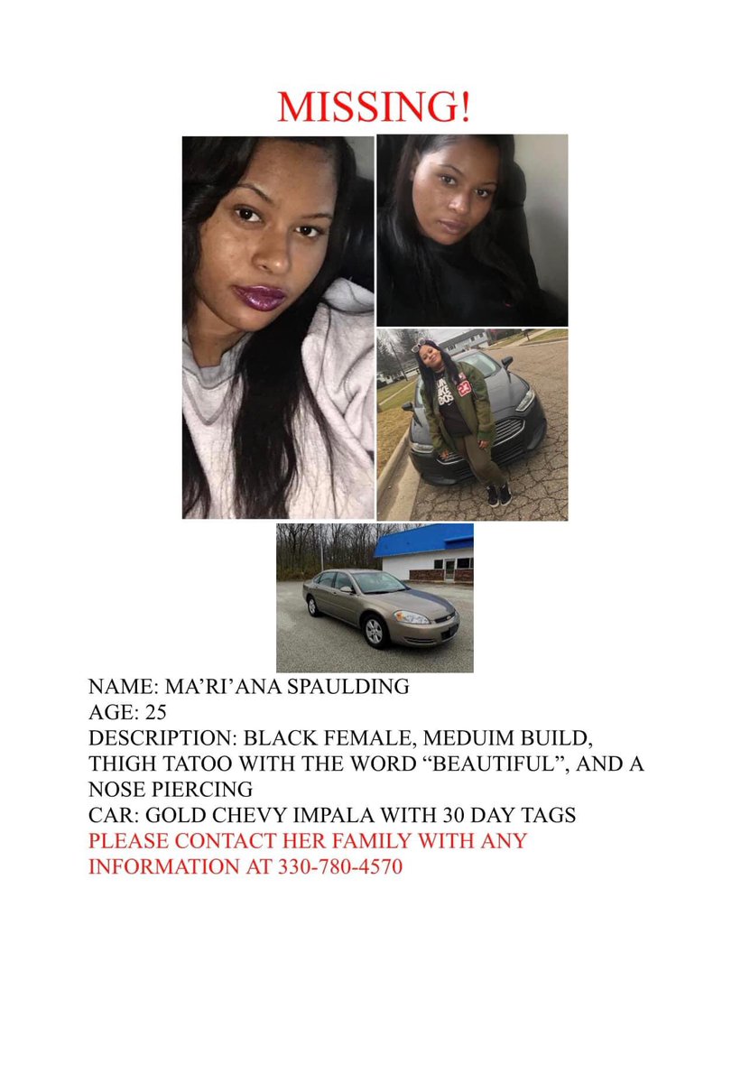 primadonnakay_'s tweet image. ‼️🚨 MISSING PERSON ALERT: AKRON, OH ‼️🚨 
-25 yr old Ma’Ri’Ana Spaulding

#Share #MissingPerson #MissingAdult #MissingPOC #AkronOhio #SayHerName 

@BAM_FI @WEWS @SpectrumNews1OH @beaconjournal