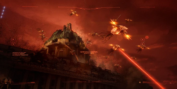 A POV-type shot from the Transformers Reactivate trailer, showing a swarm of small flying aliens, against an apocalyptic red sky