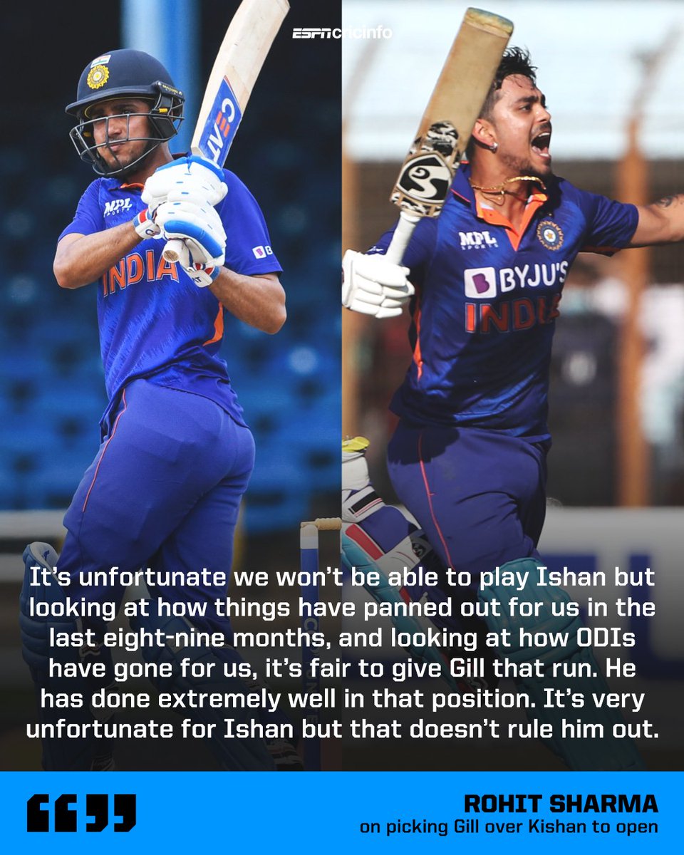 ESPNcricinfo's tweet photo. Ishan Kishan scored a double-century in his last ODI, but it’s Shubman Gill who will open the batting with Rohit Sharma against Sri Lanka.

What do you make of this call? 🤔

https://t.co/oij0a9YtY2 | #INDvSL https://t.co/b5COy37oLU