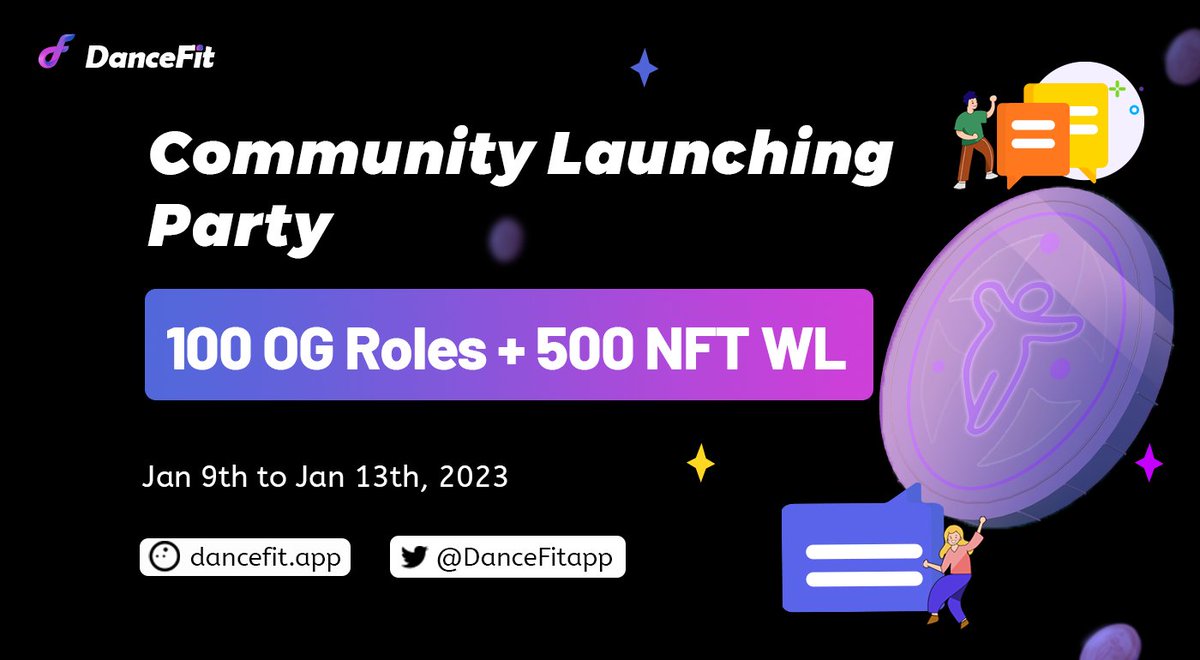 🎉<a href="/DanceFitapp/">DanceFit | Web3 Social Platform</a> Discord Community Launching Party

🔥Join now as an early supporter to earn exclusive rights 

🎁100 OG Roles + 500 #NFT #WLGiveaways #Giveaway 

1⃣Follow <a href="/DanceFitapp/">DanceFit | Web3 Social Platform</a>
2⃣Like, RT, Tag 3 Friends 
3⃣Join discord &amp; click for more entries: gleam.io/IrbxZ/dancefit…