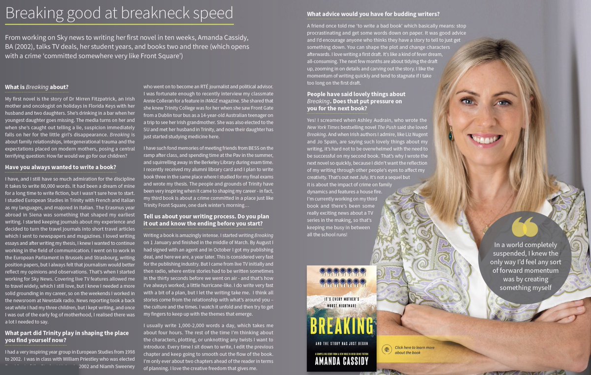 AmandaCasssidy's tweet photo. Thanks @tcddublin for the lovely feature on BREAKING
Great headline!
#authors
#Novelwriting
#Irishcreatives
#Crimewriting
#TrinityCollegeAlumni
#BreakingNovel
@MMLitAgency https://t.co/JbrPhOajaq