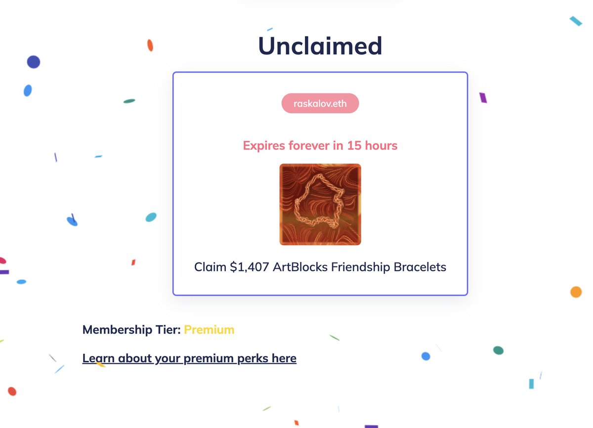 Raskalov's tweet photo. Good morning; yesterday saw a tweet from @andr3w about some free AirDrops. I didn't believe my eyes when I checked my wallet and found that I had two unclaimed ArtBlocks Friendship Bracelets.

Drop your ENS address in the comments, and I will tell you what you have to claim. https://t.co/WR0TgrV3Bp