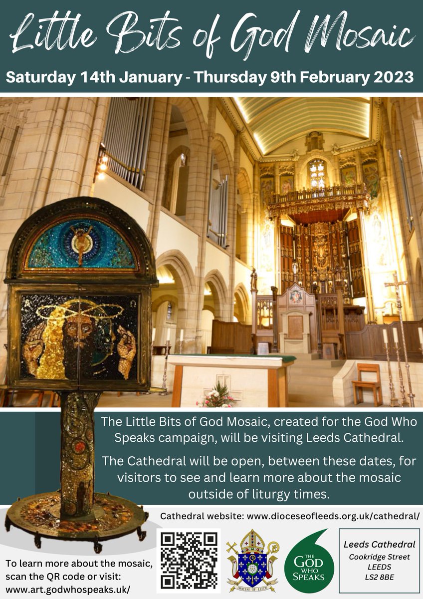 The ‘Little Bits of God’ Mosaic is coming to Leeds Cathedral!

Dates: Sat 14th Jan to Thurs 9th Feb 2023.

Why not come along and explore the God Who Speaks through the art of mosaic?
More details: art.godwhospeaks.uk

#dioceseofleeds #thegodwhospeaks #littlebitsofgodmosaic