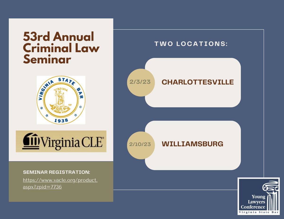 Attention Young Lawyers practicing Criminal Law: Apply by January 18 for a chance to be selected as a recipient of a free pass to the Criminal Law Seminar at one of two locations in February. Application instructions and criteria can be found at: vsb.org/site/sections/…