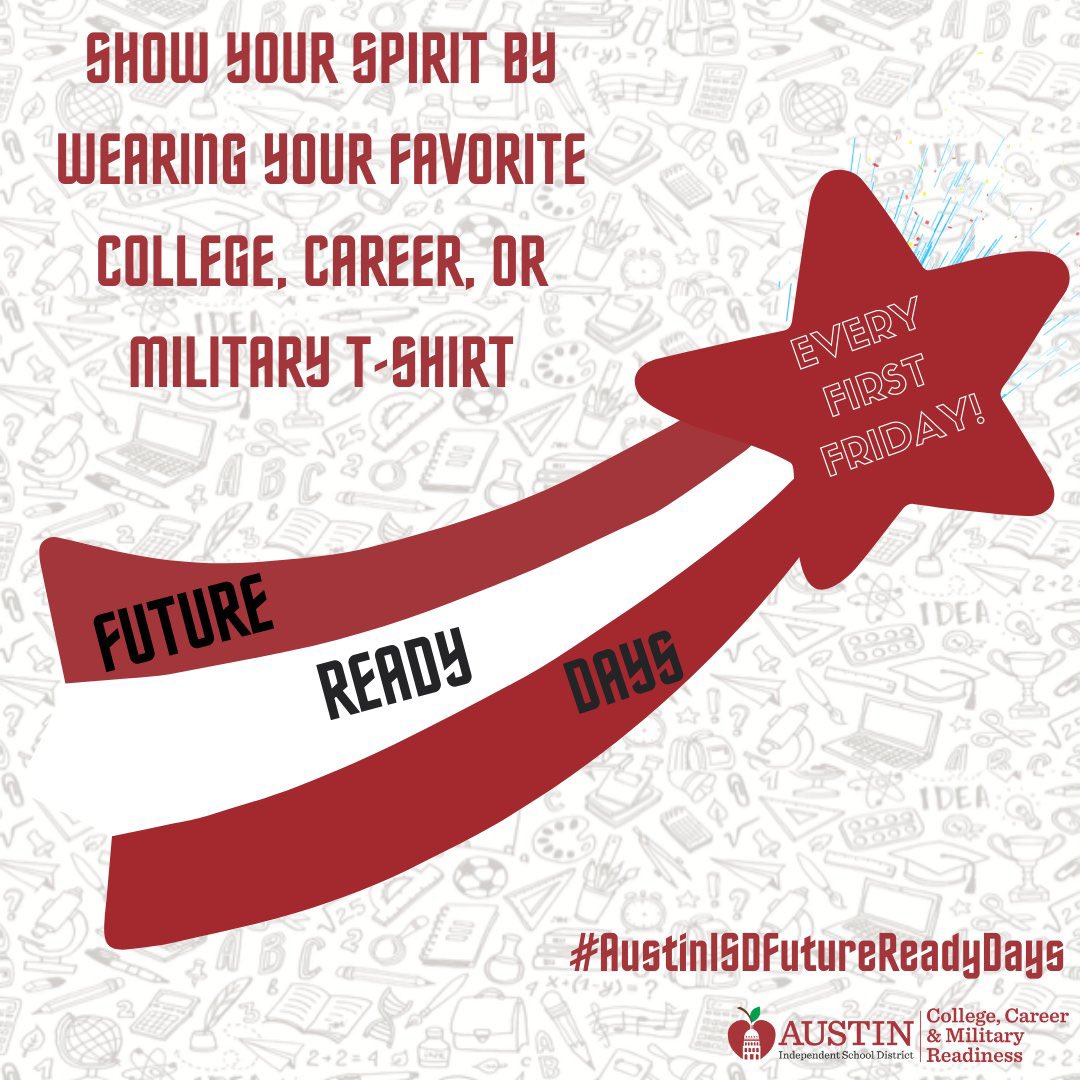 AustinISD_CCR's tweet photo. Let's get ready for the first Future Ready Friday of the New Year! @AustinISD_CCR is excited to see our @AustinISD scholars show off their college, career and military spirit. #AustinISDFutureReadyDays 
@AISD_SEL_CPI @AustinISDAVID @GEARUPAustinISD
 @AdvAcademicsATX @Creslond https://t.co/0MOdk27Zfe