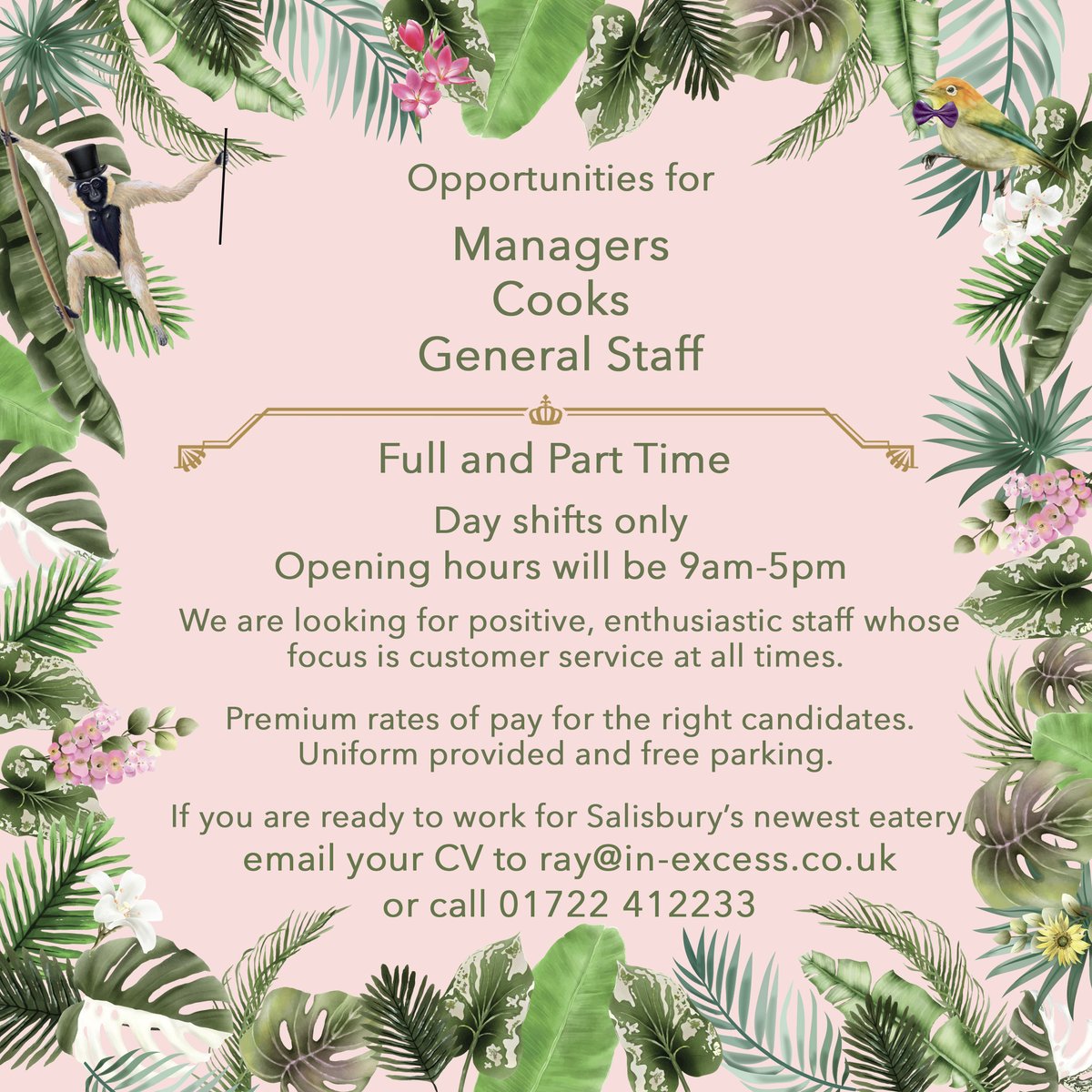 InExcessUK's tweet photo. Exciting New Opportunities at our Salisbury Garden Centre!!🌸🌿
Looking for a brand new venture?...where art deco botanical glamour meets artisan food, Charlotte's Luxury Tea Room opens in our Salisbury Garden Centre soon, apply today!

https://t.co/RGqfZu4WpY https://t.co/q6IlP4Qvh6