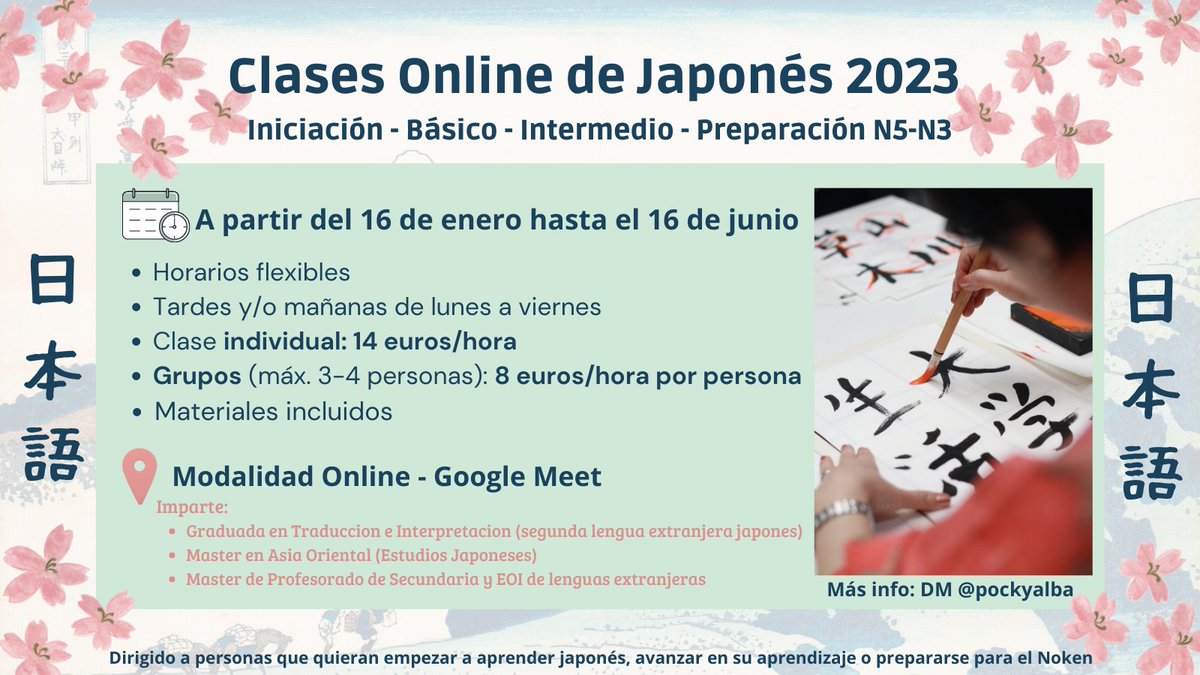 pockyalba's tweet image. 🇯🇵 Por si alguien está interesado: a partir de la semana que viene vuelvo a dar clases particulares de japonés online.
RT por fi 🙏